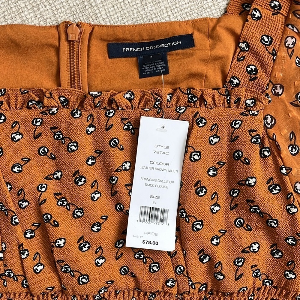 ⭐️ NWT- French Connection brown floral long bell-sleeved smocked blouse- small - Picture 2 of 12